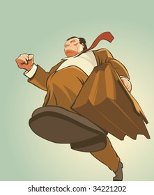 Middle-age man in suit, running forward with portfolio in his hand. Vector illustration.