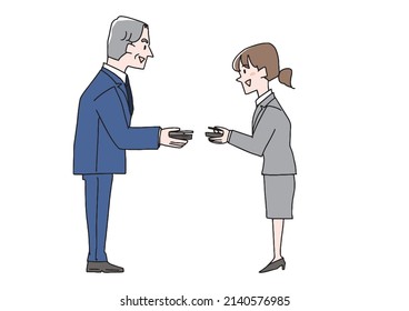  Middle-aged business man and young business woman exchanging business cards Comical handwritten person Vector, line drawing and color