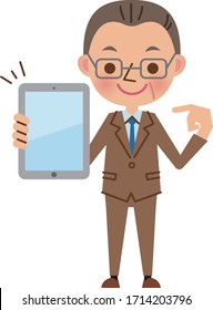 Middle-aged businessman holding a tablet terminal and pointing with a smile