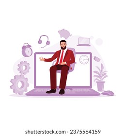 Middle-aged businessman sitting in a chair doing a lot of work in front of a laptop. Multitasking concept. Trend Modern vector flat illustration