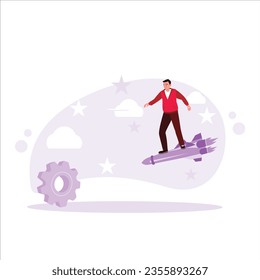 Empresario de mediana edad parado en un cohete volador mostrando el progreso de la productividad. Concepto de aumento de la productividad. Ilustración plana vectorial moderna de tendencia