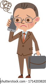 Middle-aged businessman in a suit talking on a smartphone (a troubled expression)