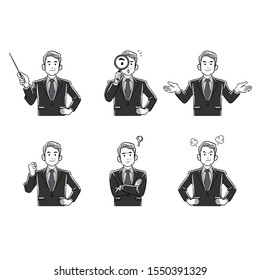 Middle-aged businessman upper body 6 piece set 2 grayscale
