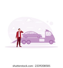 middle-aged businessman waiting for towing service to help break down the car. Roadside assistance concept. Trend Modern vector flat illustration