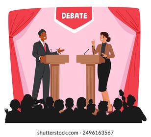 Middle-aged Caucasian Woman And An African American Man Stand At Podiums, Characters Engaging In A Debate In Front Of An Attentive Audience In A Pink-themed Setting. Cartoon People Vector Illustration