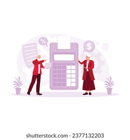 Middle-aged couple calculating and filling out bill forms together. Utility Bills concept. Trend Modern vector flat illustration