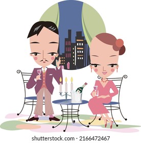 A middle-aged couple is celebrating their wedding anniversary with a glass of wine at a restaurant.vector illustration