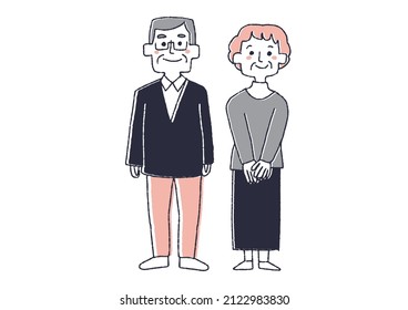 Middle-aged couple, comical hand-drawn person illustration, vector line drawing with simple coloring, white background