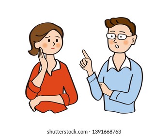 Middle-aged couple exchanging opinions, upper body
