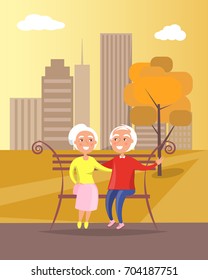 Middle-aged Couple Sitting On Bench Together, Old Husband And Wife On Background Of Skyscrapers In City Park At Sunset Vector Illustration