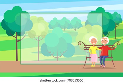 Middle-aged couple sitting on bench together, old husband and wife on background of green trees in park vector with frame for text