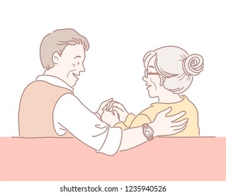 Middle-aged couple sitting on the sofa and looking at each other illustration