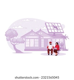 Middle-aged couple sitting and relaxing while reading a newspaper in front of a house with solar panels. Trend Modern vector flat illustration.
