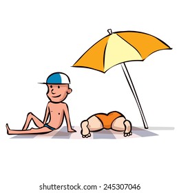 Middle-aged couple sunbathing on the beach. Hand drawn cartoon vector illustration.