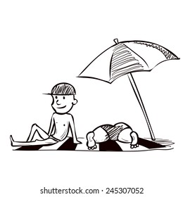 Middle-aged couple sunbathing on the beach. Hand drawn cartoon vector illustration.