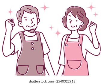 A middle-aged couple wearing aprons poses with a smile