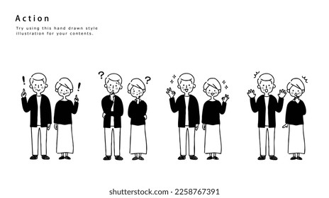 Middle-aged couple's facial expressions and gestures.