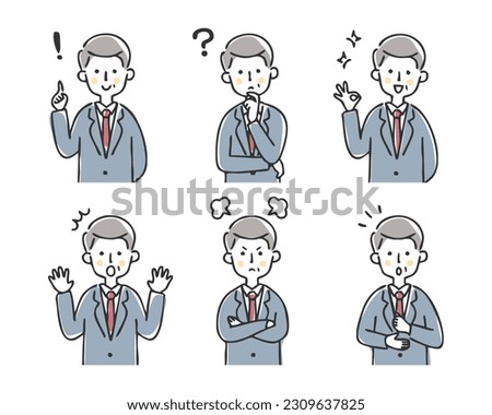 Middle-aged and elderly businessman's facial expression set.