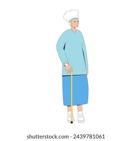 Middle-aged female character with walking stick. Senior woman in modern clothes isolated on white background. Older adult character on retirement. Elderly person. Vector flat illustration.