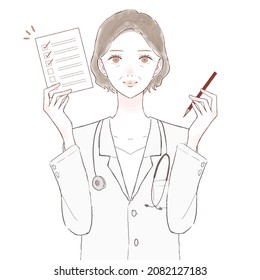 Middle-aged female doctor with checklist. On white background.