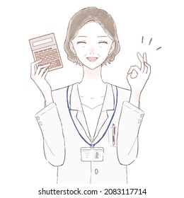 Middle-aged female doctor holding calculator and holding OK sign. On white background.