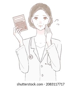 Middle-aged female doctor in need with calculator. On white background.