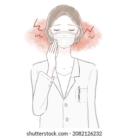 A middle-aged female doctor suffering from friction and skin irritation caused by wearing a mask. On white background.
