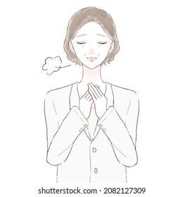 Middle-aged female doctor who is relieved. On white background.