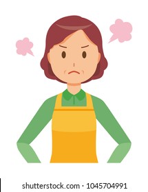 A middle-aged housewife wearing an apron is angry