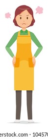 A middle-aged housewife wearing an apron is angry