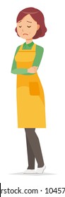 A middle-aged housewife wearing an apron is depressed