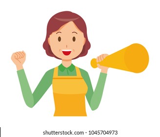A middle-aged housewife wearing an apron has a megaphone