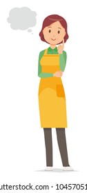 A middle-aged housewife wearing an apron is imagining