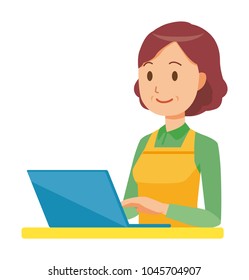 A middle-aged housewife wearing an apron is operating a laptop computer