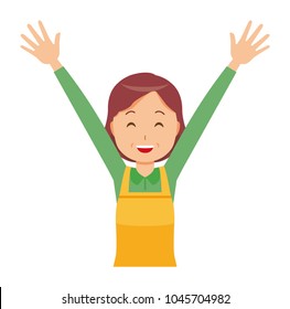 A middle-aged housewife wearing an apron is putting up both hands