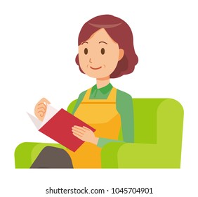 A middle-aged housewife wearing an apron is reading on a sofa