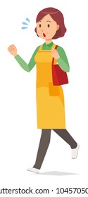 A middle-aged housewife wearing an apron  is  running with bag