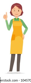 A middle-aged housewife wearing an apron is showing thumbs up