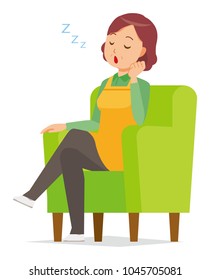 A middle-aged housewife wearing an apron is sleeping on a sofa