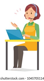A middle-aged housewife wearing an apron is talking on income