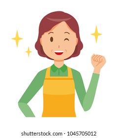 A Middle-aged Housewife Wearing An Apron Is Winking And Raised One Hand