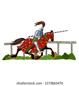 A middle-aged knight in iron armor and helmet rides a horse with a red blanket and holds a shield and spear in his hands, color clip art on a white isolated background