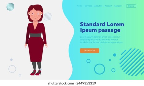 Middle-aged lady in dress and heels. Teacher or office manager. Flat vector illustration. Occupation, official style in clothes, education, celebration concept for web design, banner or landing page