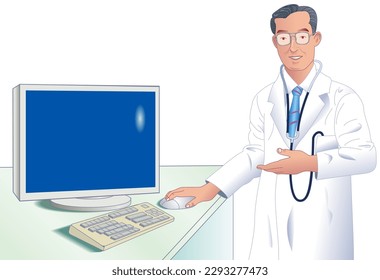 Middle-aged male doctor explaining by operating a personal computer