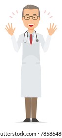 A middle-aged male doctor wearing a white coat is spreading her hands