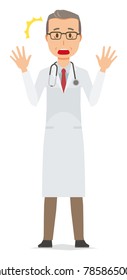 A middle-aged male doctor wearing a white suit is surprised
