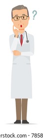 A middle-aged male doctor wearing a white suit wears it