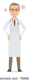 A middle-aged male doctor in a white suit is angry