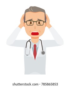 A middle-aged male doctor in a white suit is in a panic