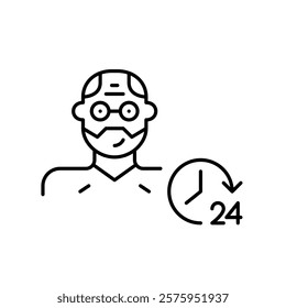 Middle-aged man and 24 hours clock. All hours support system. Timeless family connection and social services. Pixel perfect vector icon